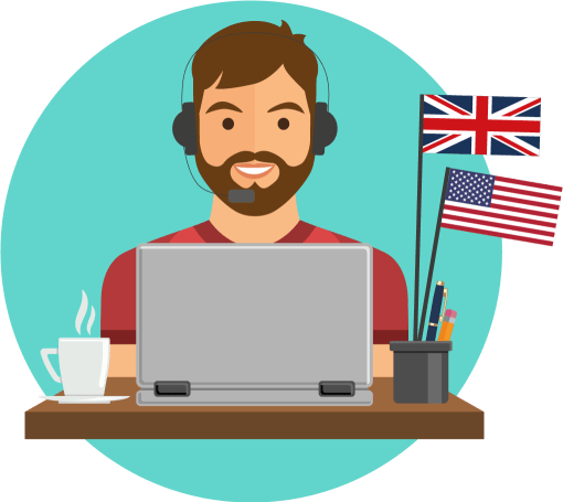 Man at desktop with two flags 2